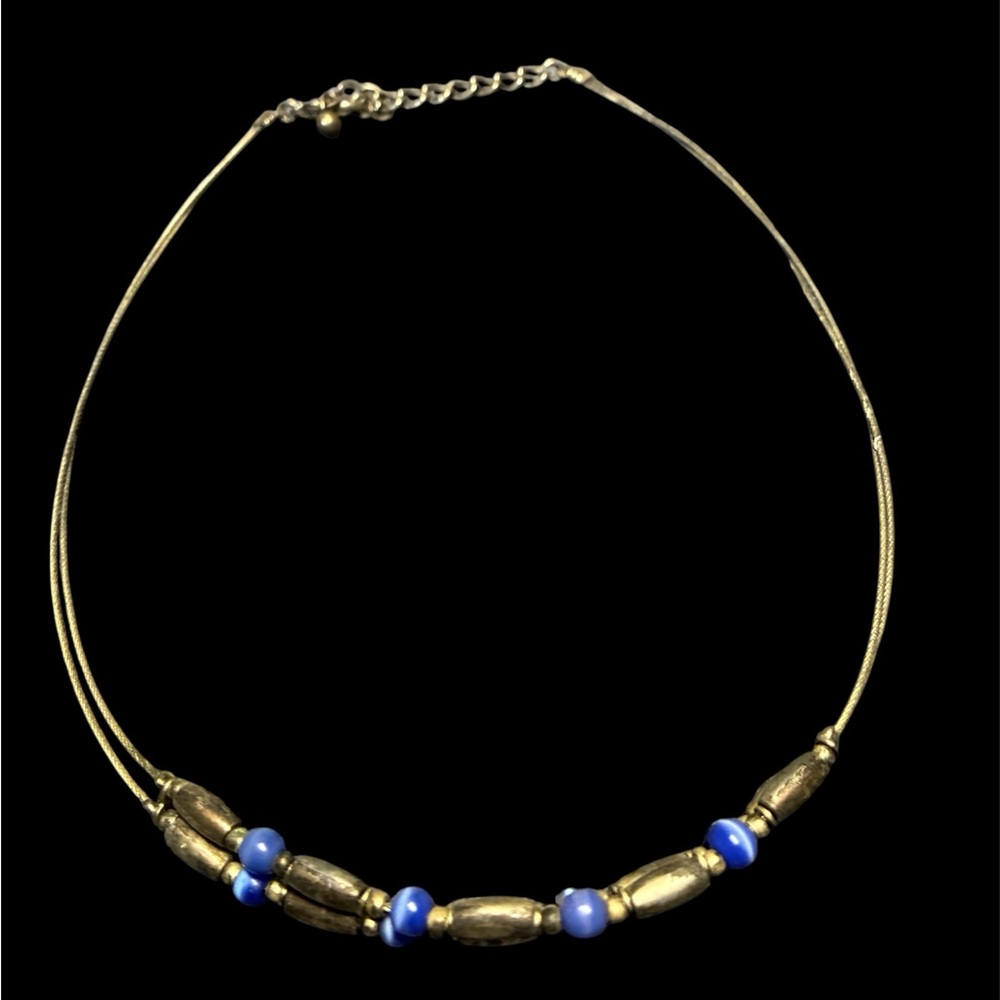 Gold-Tone Beaded Necklace with Blue Accent Beads